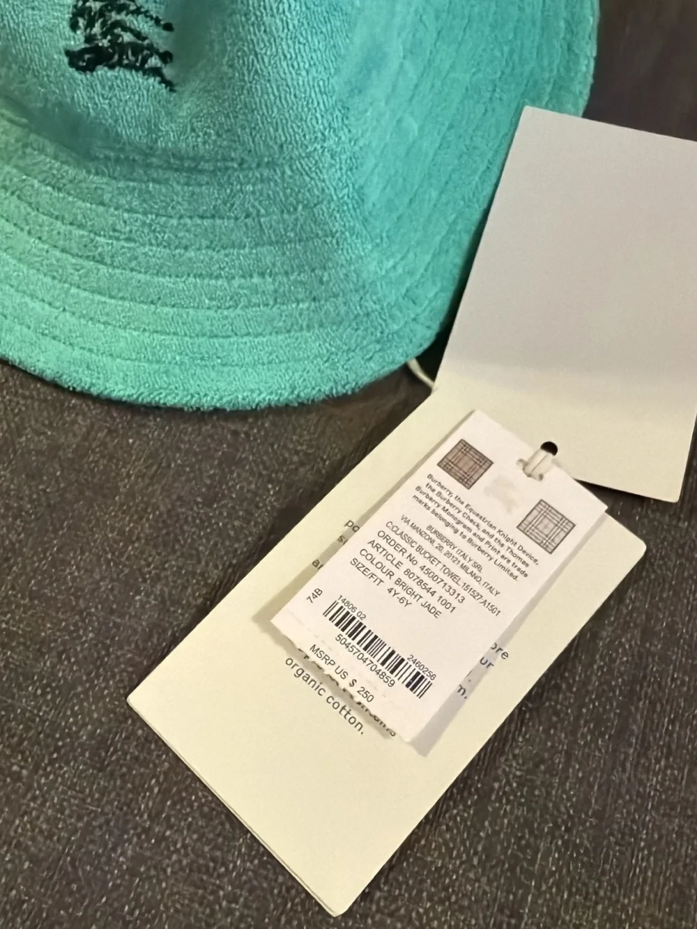Burberry Kids Teal Terry Bucket Hat with Embroidered Logo